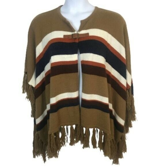 Ruby Rd. Sweaters - Ruby Rd Striped Fringe Poncho Tan Brown White Navy Stripes Buckle Closure Sz M